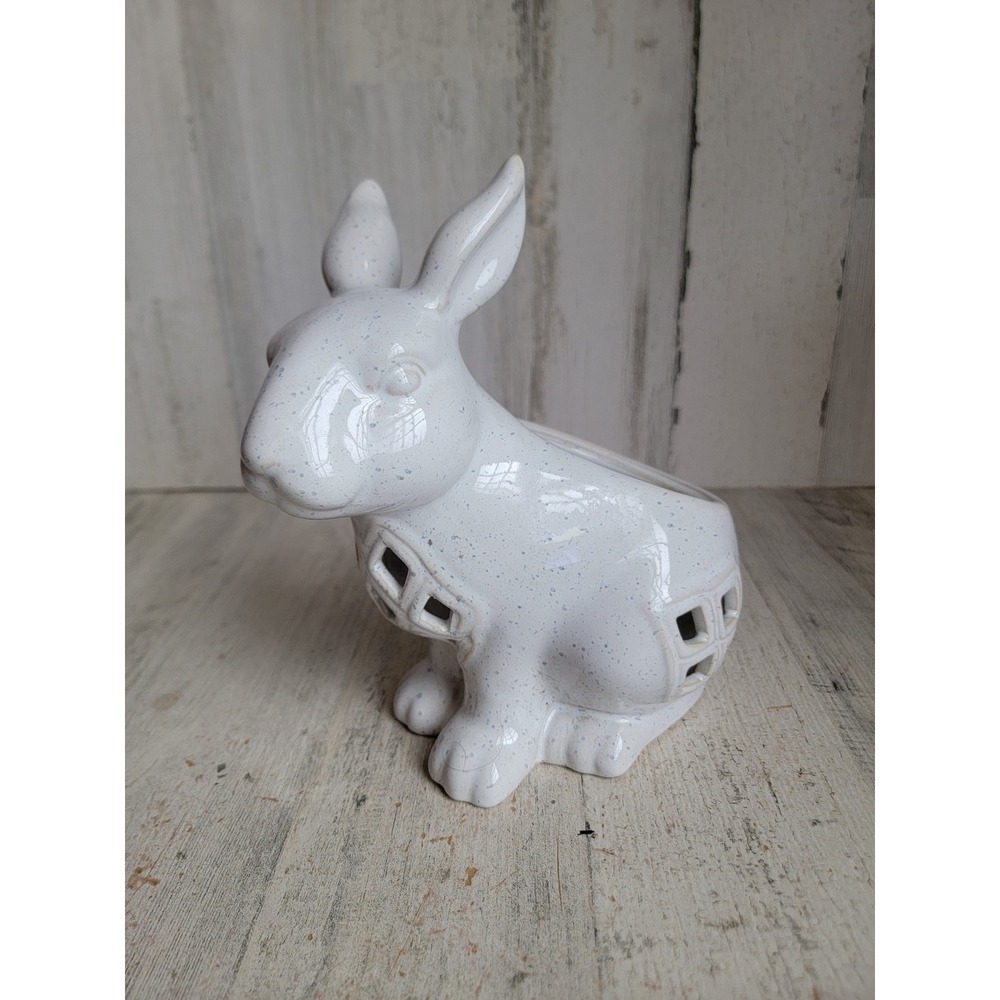 White ceramic speckled rabbit planter accessory bunny home decor figure
